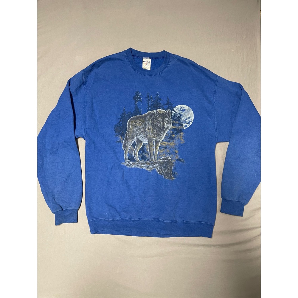 Vintage Jerzees Wolf Moon Graphic Sweatshirt Mens Large Blue NuBlend Crewneck